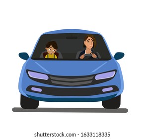 Mother and child go by car. Vector illustration in cartoon style.