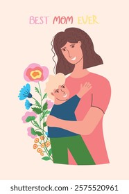 Mother and child. Greeting card with beautiful woman holding her cute baby in arms. Happy Mother's day. Modern maternity. Design for card, poster, web or print. Flat vector illustration.