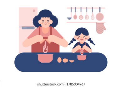 Mother and child hammer the eggs into the bowl on the table.Homemade food and little.Family enjoy made bakery together in kitchen at home. Illustration about The new normal of activity Cooking.