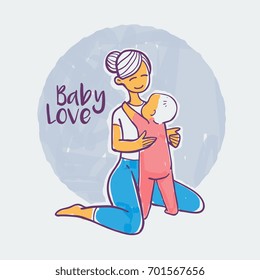 mother and child, hand drawn color vector illustration