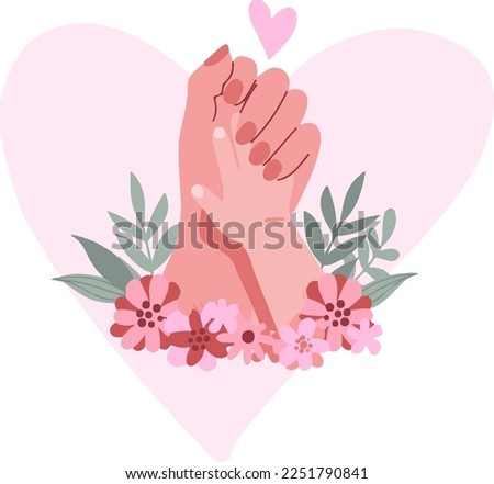 Mother and child hands decorated flowers and hearts