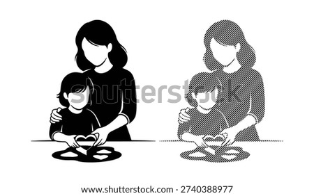 Mother and child hands making heart shape, symbol of love, family bonding, creative activity.