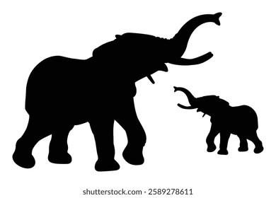 MOTHER AND CHILD HAPPY ELEPHANT VECTOR SILHOUETTE BLACK AND WHITE