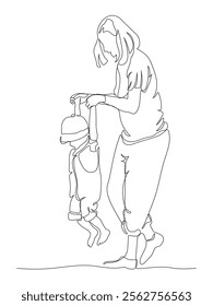 Mother with child having fun. Holding hands. Children Day. Continuous line drawing. Black and white vector illustration in line art style.