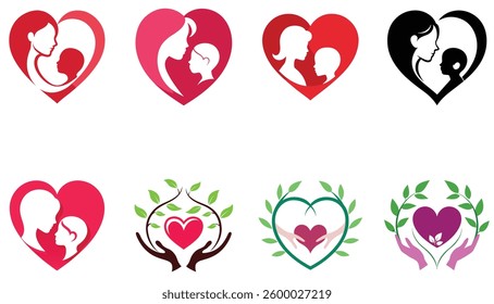 Mother and child heart-shaped illustrations symbolizing love, care, and family unity