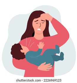 Una madre con un hijo en los brazos. El bebé está llorando, la mujer tiene dolor de cabeza, depresión, es difícil para ella. Dificultades en la familia. Gráficos vectoriales.