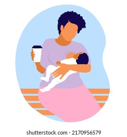 Mother with a child in her arms. Breastfeeding sits on a bench and drinks coffee. Glass of coffee in hand. Moms need coffee. Feeding a child in a public place. Vector flat illustration.