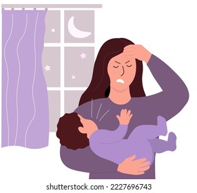 Una madre con un hijo en los brazos. El niño llora, no duerme de noche, la mujer tiene dolor de cabeza, depresión, es difícil para ella. Dificultades en la familia. Gráficos vectoriales.