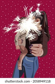 A mother with a child in her arms holds a burning sparkler New Year's lights. Vector illustration Christmas card.