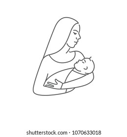 Mother with child in her arms. Line vector icon or logo of newborn baby with mother. Symbol of motherhood.