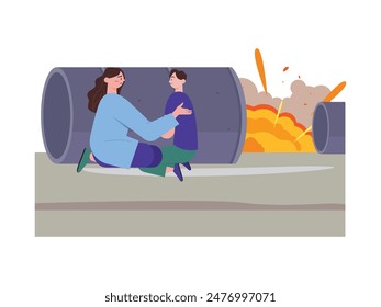 A mother and child are hiding behind a barrel during the war explosion, with sad faces. Character design. Vector flat illustration