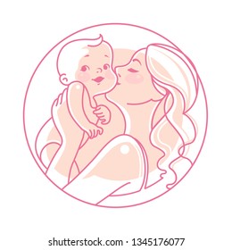 Mother and child. Mother hold newborn on hands. Logotype for newborn product in circle.Vector illustration. Concept of love and care. 