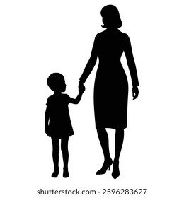 Mother and child holding hands silhouette vector illustration on white background