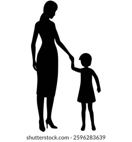 Mother and child holding hands silhouette vector illustration on white background
