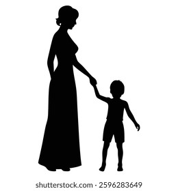 Mother and child holding hands silhouette vector illustration on white background