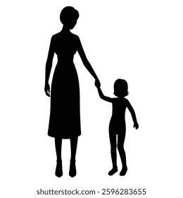 Mother and child holding hands silhouette vector illustration on white background
