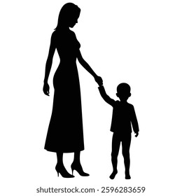 Mother and child holding hands silhouette vector illustration on white background