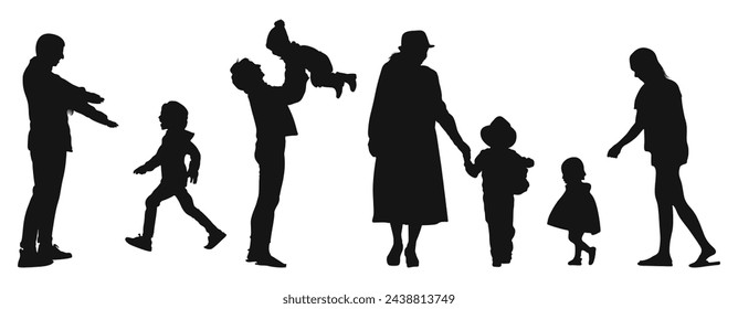 A mother and child holding hands walking together silhouette black filled vector Illustration icon. Set of Mother's and Child silhouette. Family parent and childs silhouettes set. children silhouette