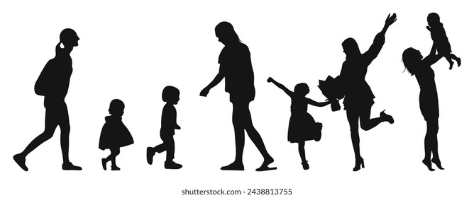 A mother and child holding hands walking together silhouette black filled vector Illustration icon. Set of Mother's and Child silhouette. Family parent and childs silhouettes set. children silhouette