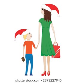 Mother and child holding hands wearing Santa Claus hats; Isolated mother and child illustration; holding hands and wearing Santa Claus hats
