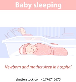 Mother and child in hospital ward. Newborn baby sleep near mother after delivery. Medical clinic for mother and child. Maternity hospitalю Children healthcare. Color vector illustration.