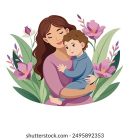 mother and a child hugging in a field of flowers