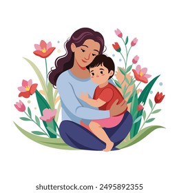 mother and a child hugging in a field of flowers