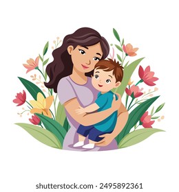 mother and a child hugging in a field of flowers