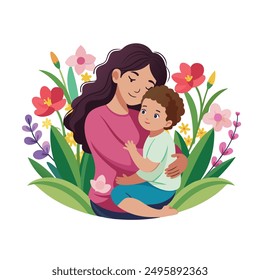 mother and a child hugging in a field of flowers