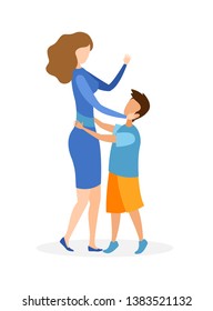 Mother with Child Hugging Flat Vector Illustration. Adult Woman and Little Kid Cartoon Characters. Young Single Mom Spend Time with Son. Motherhood, Happy Family, Mother day Celebration