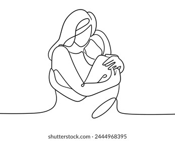 Mother and child hugs continuous line art drawing isolated on white background. Childhood line art drawing. Vector illustration