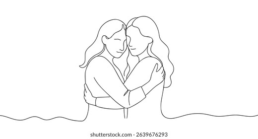 Mother and child hugs continuous line art drawing isolated on white background. Childhood line art drawing. Vector illustration