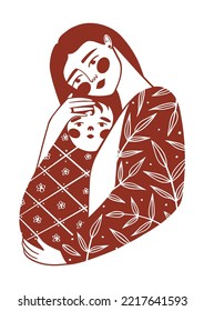 
Mother and child. Hugs of mom and baby. Hand drawn vector illustration of happy motherhood. Isolated cute clip art with simple silhouette of women and her pretty kid. Creative print for banner, card.