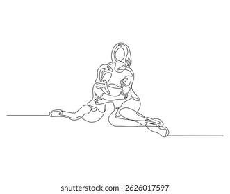 Mother and child hugs outline drawing illustration. Continuous line draw of mothers day vector