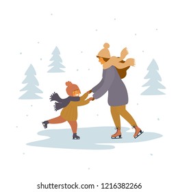 mother and child ice skating on ice rink isolated vector illustration scene graphic