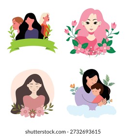 Mother and child illustration set. Vector female portraits with floral wreath for Women's Day or Mother's Day design