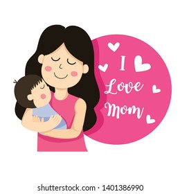 Mother with child and inscription, "i love mom".