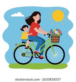 A mother and child are joyfully riding a bicycle together, with a basket of flowers and a sunny sky.