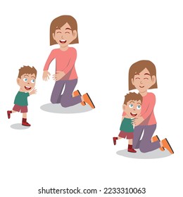 Mother and child. Kid coming to her mother and Mom hugging her son with a lot of love. Mother's day, holiday concept. Cartoon flat isolated vector design.