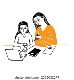 Maternidad e hijo aprendiendo deberes escolares. Apoyo, desarrollo y ayuda a la madre o al trabajo con estudiantes femeninas inteligentes y creativas. Dibujo manual de ilustraciones vectoriales en línea.