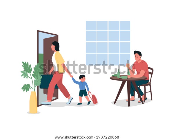 Mother with child leave alcoholic father flat\
color vector detailed characters. Family breakup. Couple separate.\
Alcoholism isolated cartoon illustration for web graphic design and\
animation