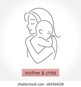 Mother with child. Line art icon, logo, sign. Isolated vector illustration.