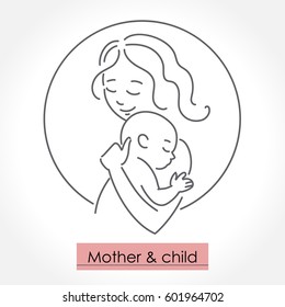 Mother with child. Line art icon, logo, sign. Isolated vector illustration.