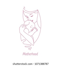 Mother and child line logo. Symbol of baby care. Family, health and medicine emblem. Design template for your product. Vector monochrome icon illustration.