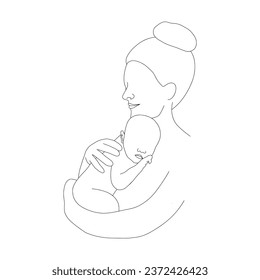 Mother and child in linear style. Happy mom hugging her newborn baby. One line art. Minimalistic vector illustration. Abstract family silhouette.