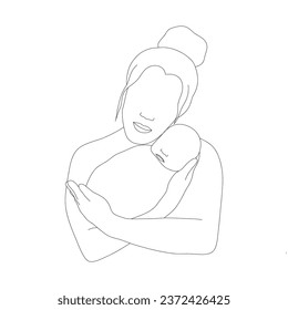 Madre e hijo en un estilo lineal. Mamá feliz abrazando a su bebé recién nacido. Arte de una línea. Ilustración vectorial minimalista. Resumen de la silueta familiar.