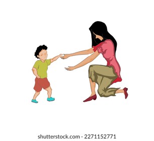 mother and child, little boy learning to walk