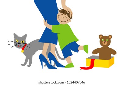 Mother and child. Little boy thanks his mother for present. Happy family