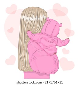 Mother and child, little daughter in the arms of her mother, dressed in a teddy bear, the concept of motherhood and love, vector illustration