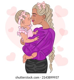 Mother and child, little daughter in mother's arms, Motherhood and love concept, mom vector illustration, mother's day greeting card.